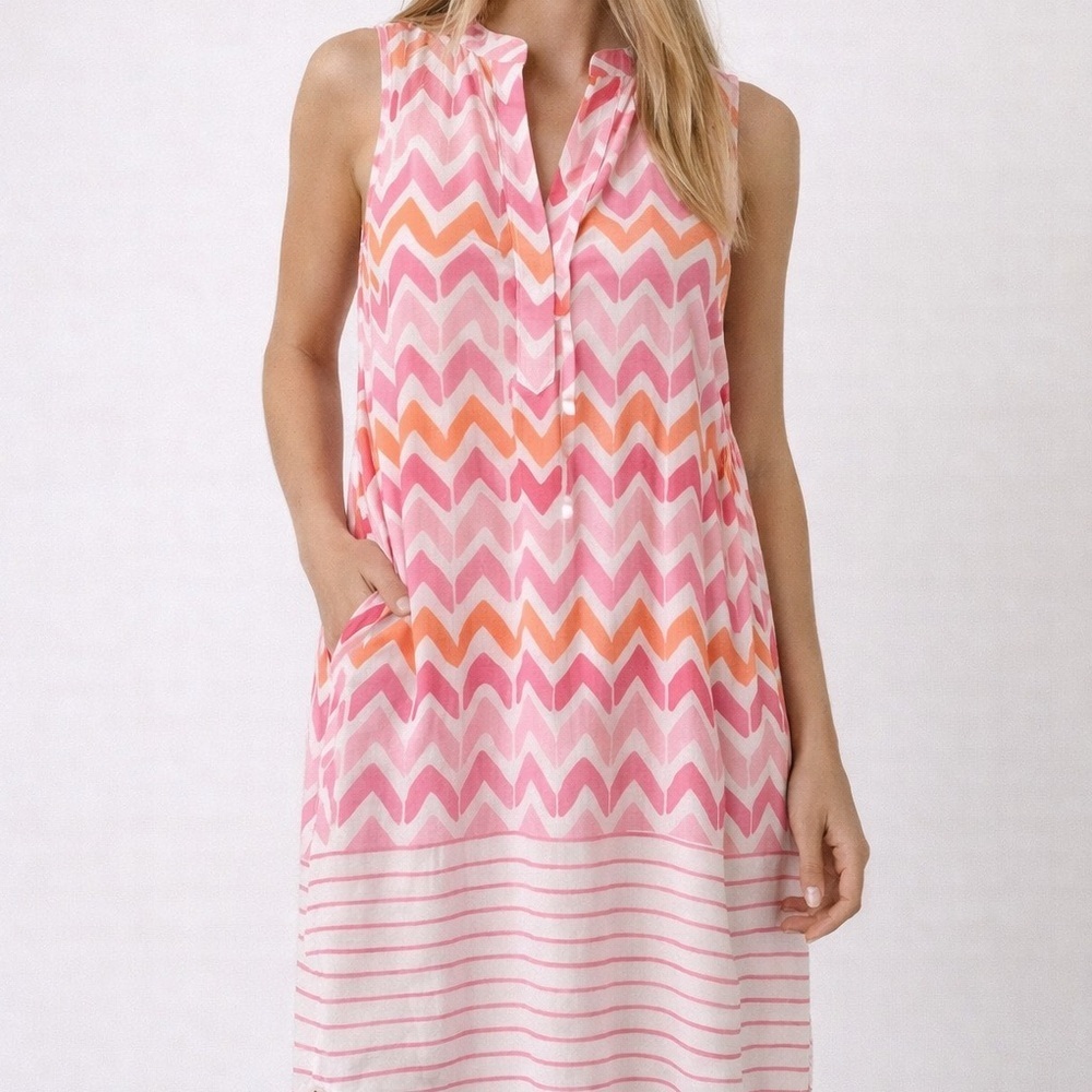 Oliphant Pink Orange Chevron Cotton Tunic Dress XS Resort Cover Up